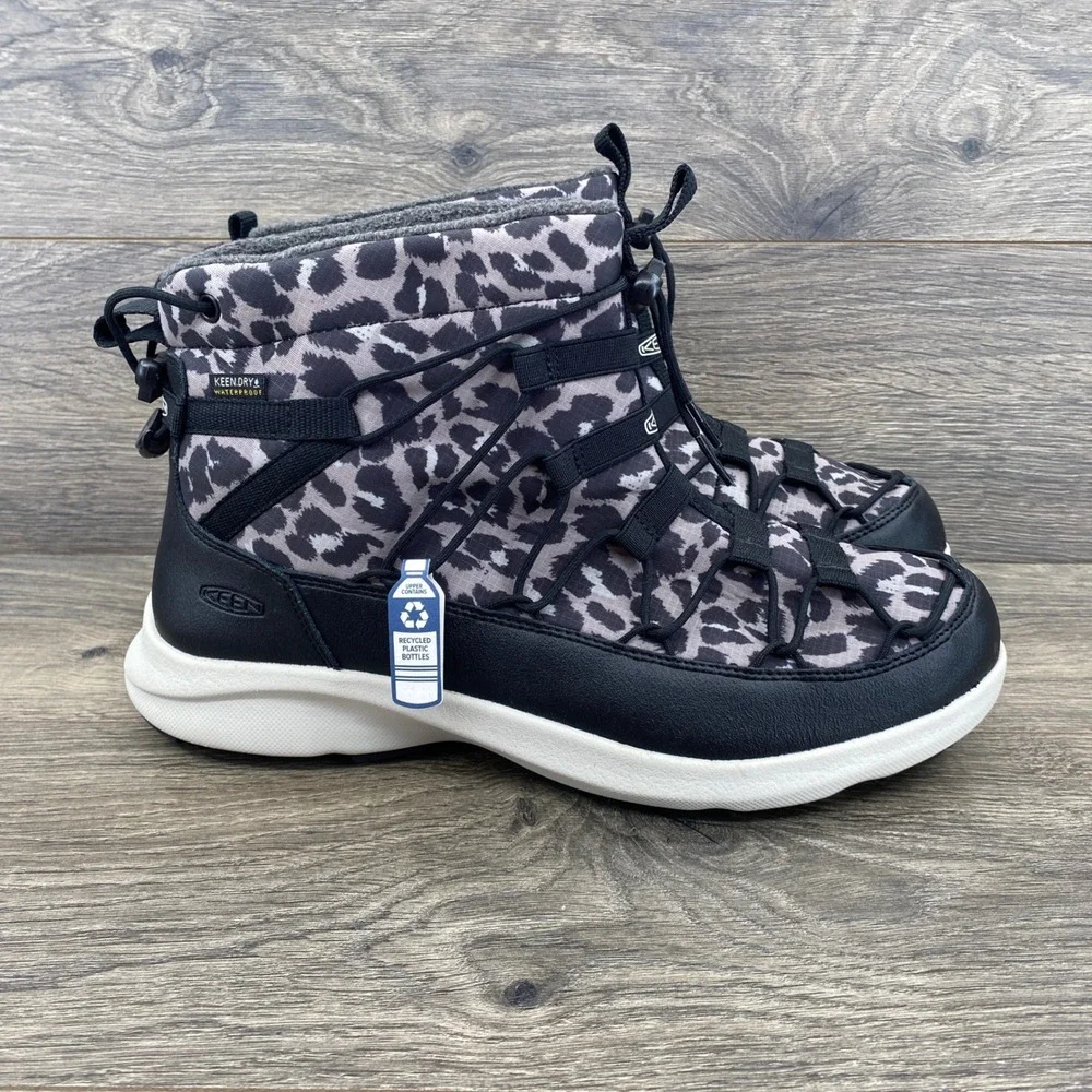 Keen Hoodoo III Winter Boots Womens 10.5 Black Grey Leopard Print Waterproof